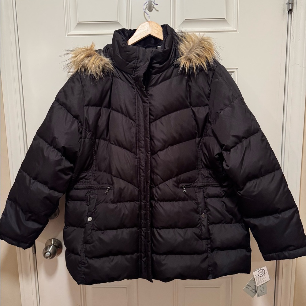 Women's Black Down Puffer Jacket with Faux Fur Hood